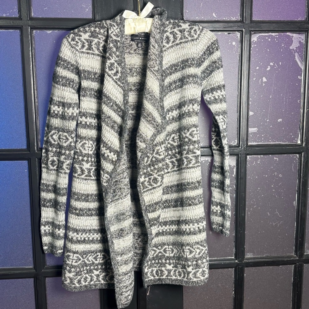 Lucky Brand Tribal Aztec Open Cardigan Gray Long Knit Boho Small